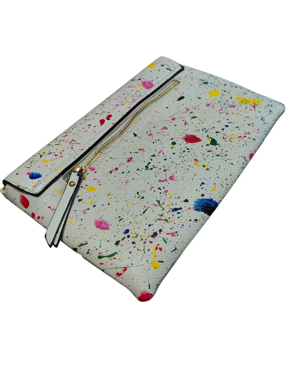 White Multicolor 80-90s Paint-Splatter Clutch with Gold Hardware